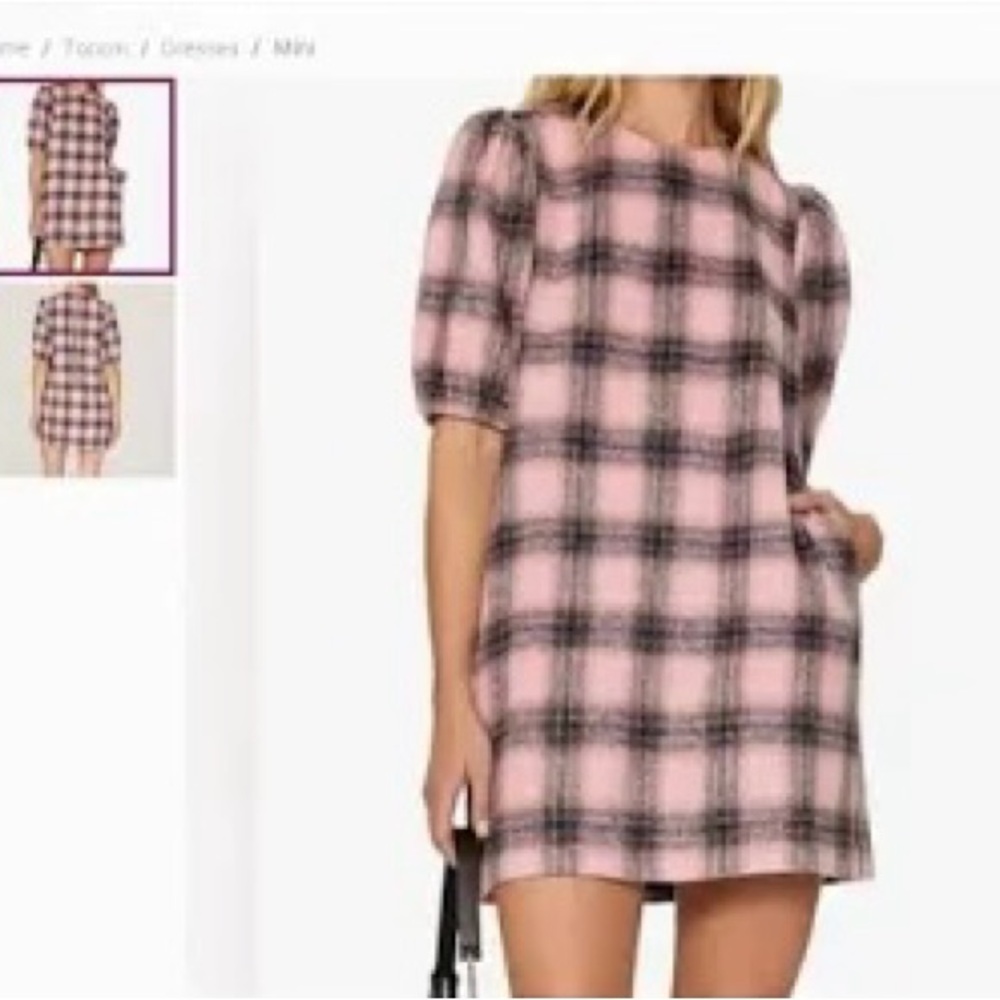 NWT Toccin Pink Plaid Puff Sleeve A-line Mini Dress